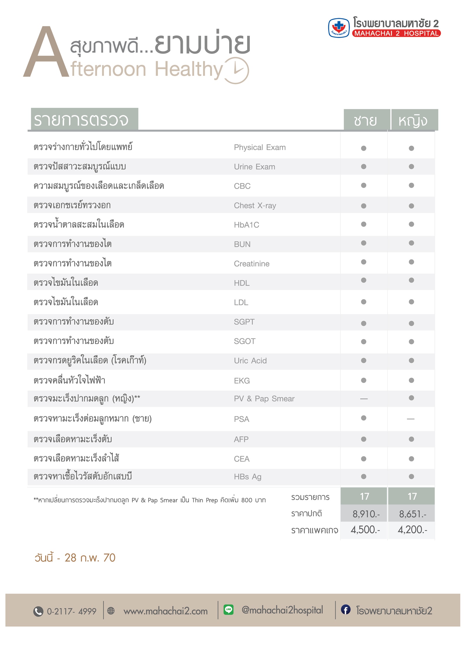 แพคเกจตรวจสุขภาพยามบ่าย